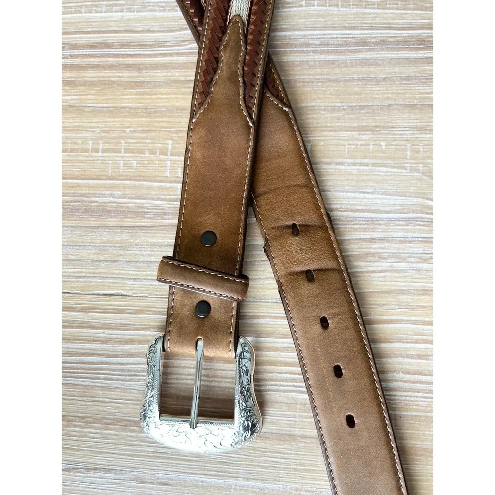 Tony Lama Men's Brown Leather Western Belt Braided Southwestern Buckle Size 44